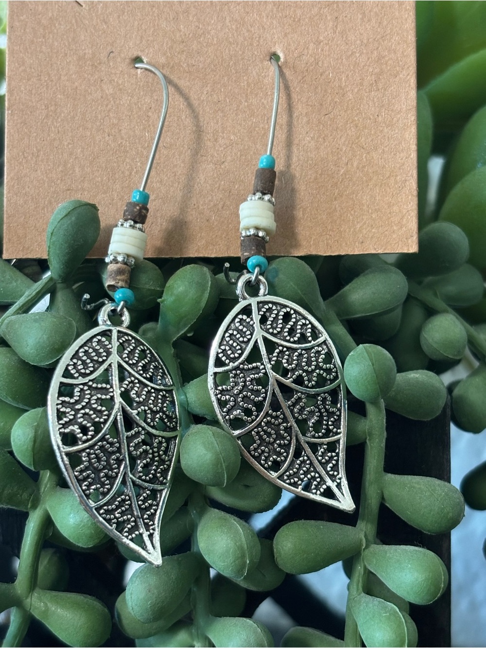 Boho Silver Filigree Leaf Drop Earrings with Turquoise Bead Accents